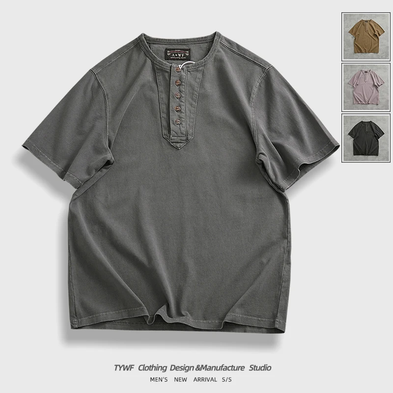 

320 г хлопковая летняя футболка ort Sve в американском стиле, повседневная, в стиле ретро, с воротником на пуговицах, цветная простая базовая футболка