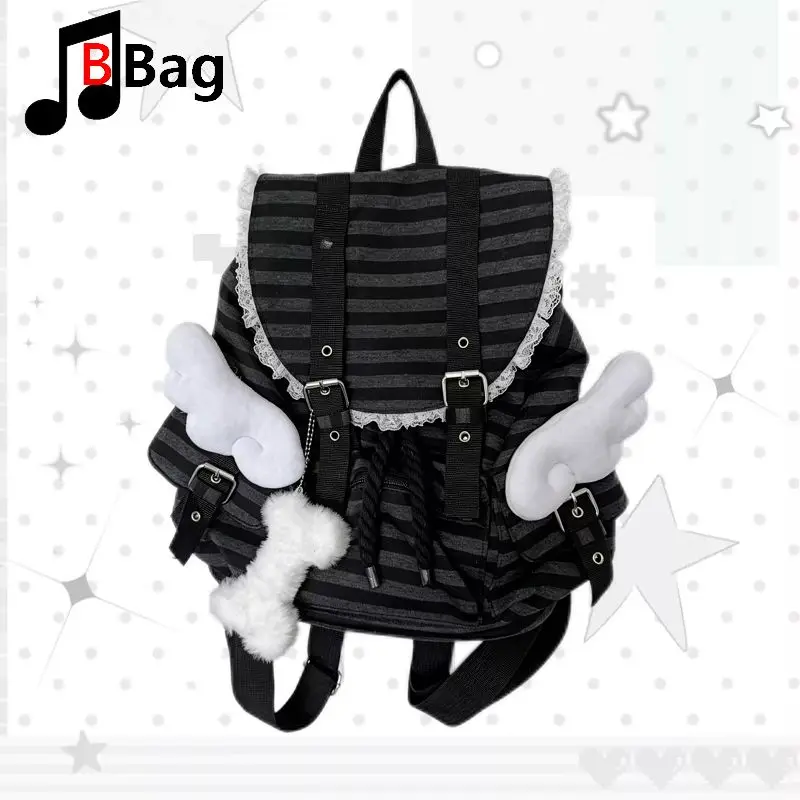 Y2K Millennium Sweet Cool Backpack Korean Stripe Cute Alt Girl Niche Design Rabbit Angel Wing Rucksack Casual School Bag  Woman