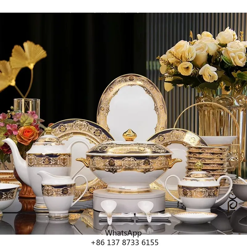 Golden 98 Pcs Luxury Gold Ceramic Porcelain Royal Kitchen Dark Blue Color Beautiful Dishes & Plates For Dinner Set