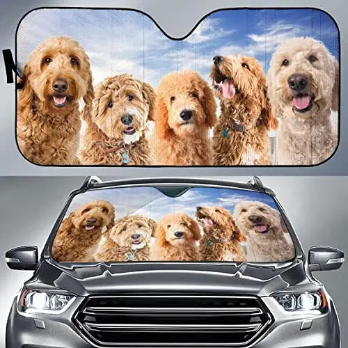 Cute Goldendoodle Team Blue Sky Pattern Car Sunshade, Goldendoodle Mom Gift, Goldendoodle Auto Sunshade for Car Decor, Car Winds