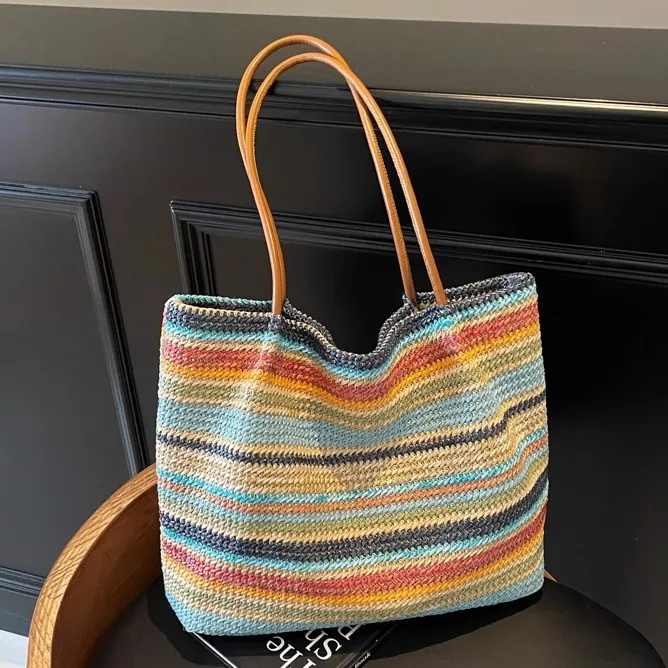 

Large Capaci St Woven Tote Bag Beach Vaion oulder Bag Color Blo Stripe Design Soft Handbag Korean Sle op Bag