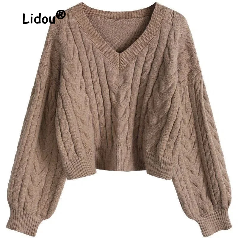 Fashion Autumn Winter Solid Color Sweaters Women New Classic Puff Sleeve Short Loose V-neck All-match Knitting Pullover Top 2022