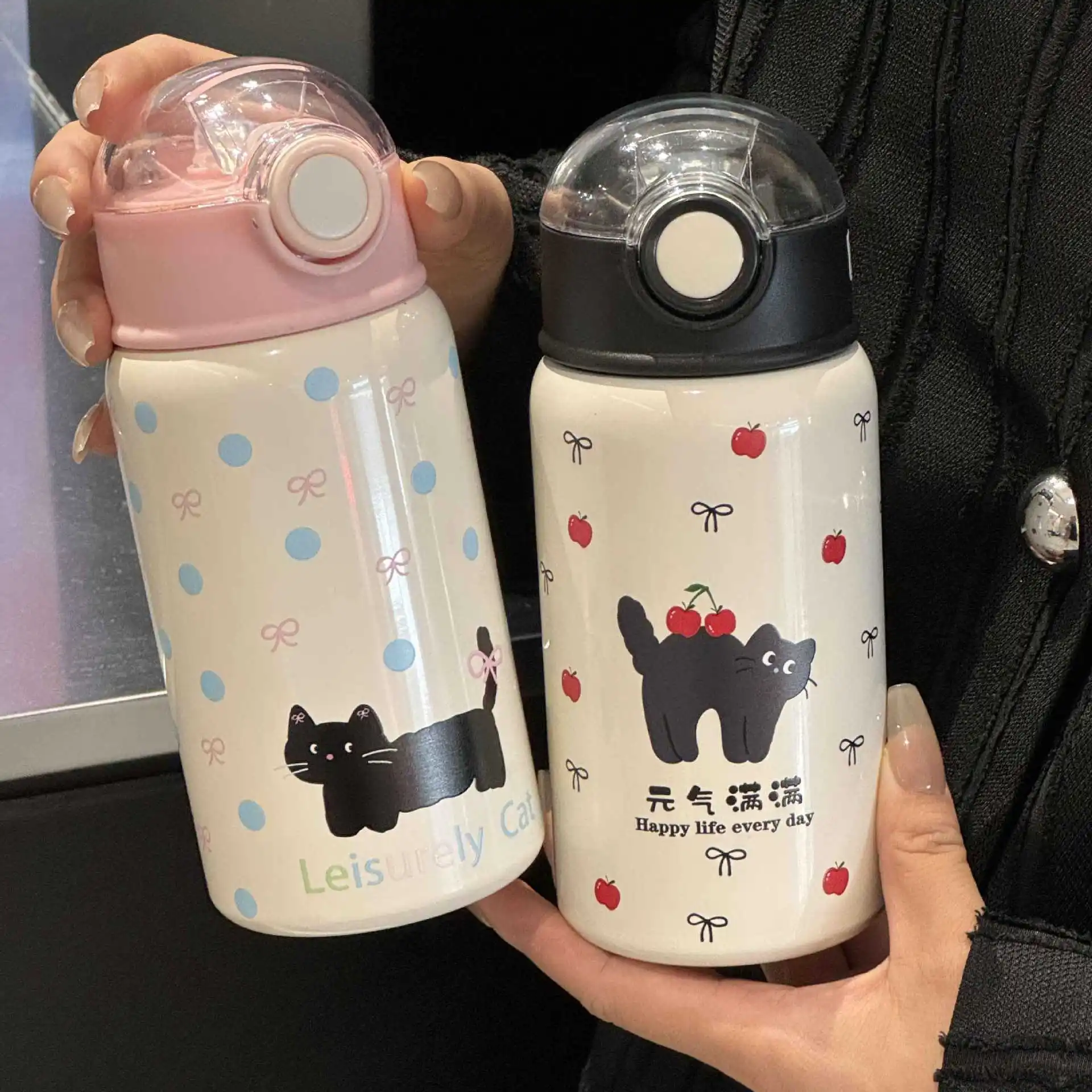 

450ml Large Capacity Stainless Steel Thermos Bottle with Straw Cute Coffee Water Bottle for Girls Vacuum Flask Thermal Tumbler