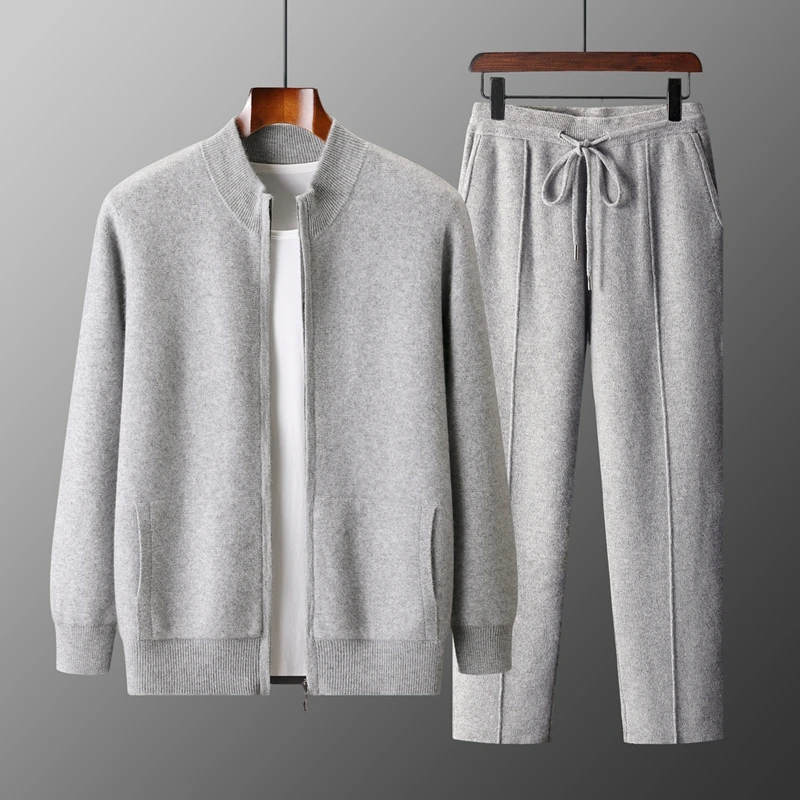 

MVLYFLRT Men's Fashionable Casual Merino Wool Knitted Suit Half Height Zipper Cardigan Pencil Pants Tracksuit Comfortable Fit