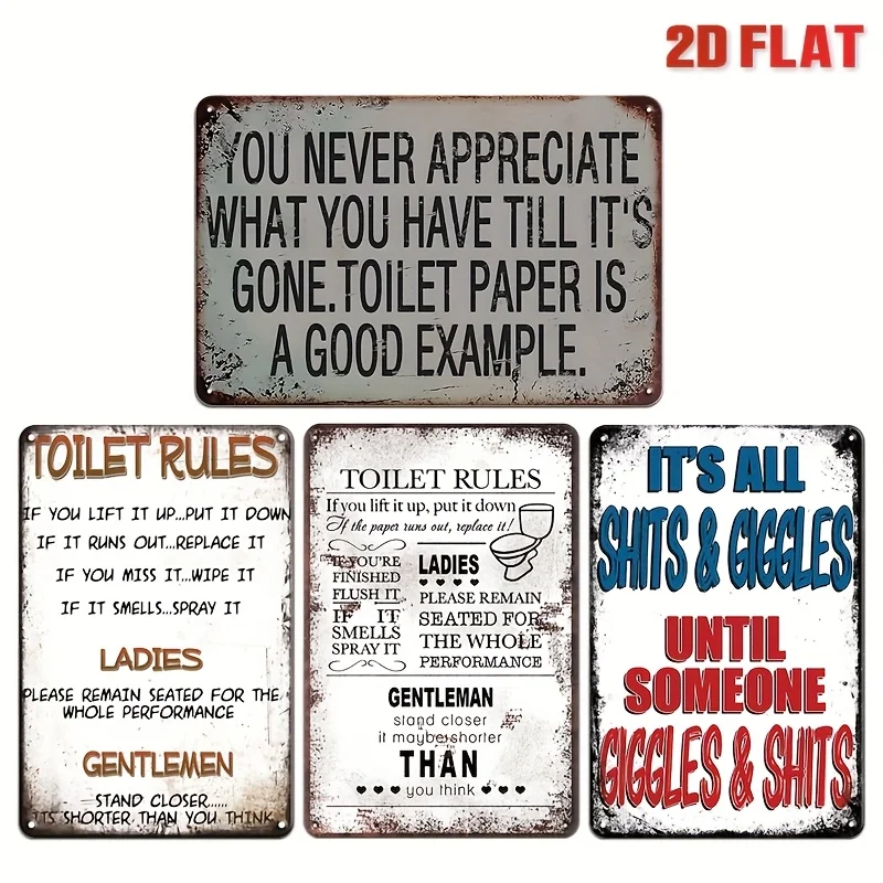 2D Flat, Decorative Sign& Plaque[2D Flat] 4pcs Vintage Metal Sign Toilet Humorous Restroom Themed Wall Art Decor Retro Plaque