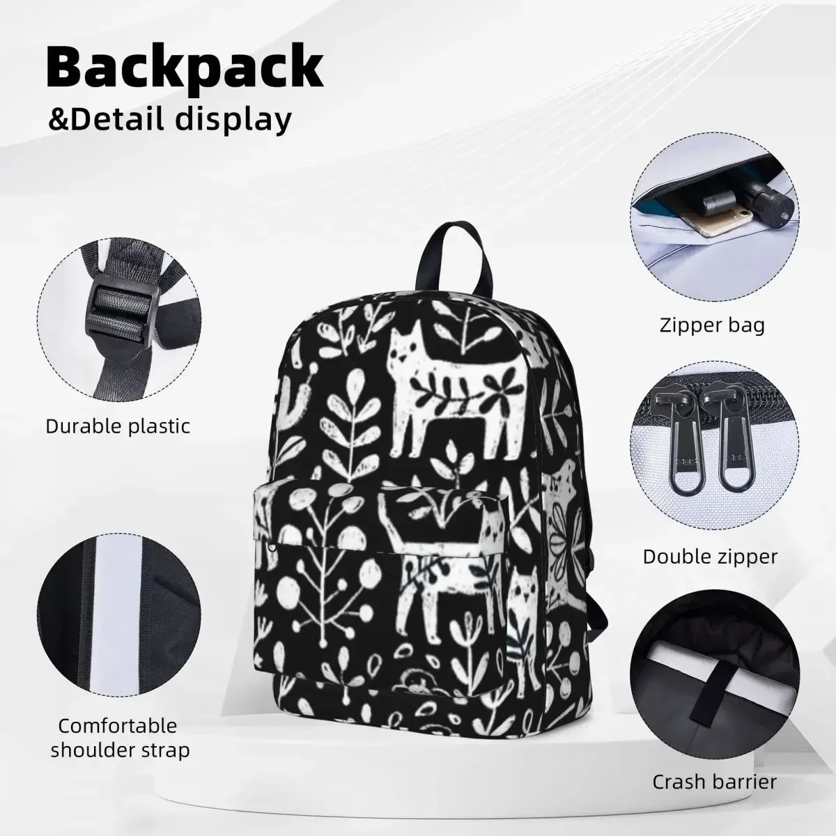 Black And White Cute Cats And Summer Flowers Woman Backpacks Boys Girls Bookbag Fashion Students School Bags Travel Rucksack