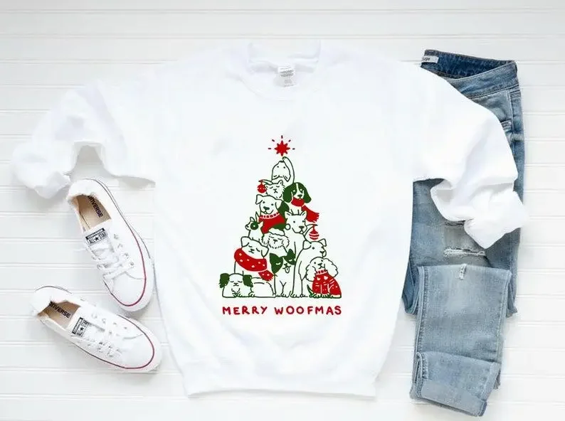 

Merry Woofmas, Dog Lover Christmas Sweatshirt With Sweater, Apparel Cotton Solid Thicken Warm Women Sweatshirts Lady Fashion