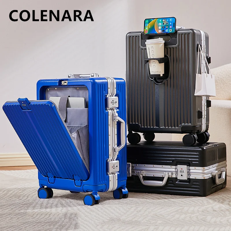 COLENARA Multifunctional Suitcase Front Opening Zipper Boarding Box Aluminum Frame Trolley Case 20