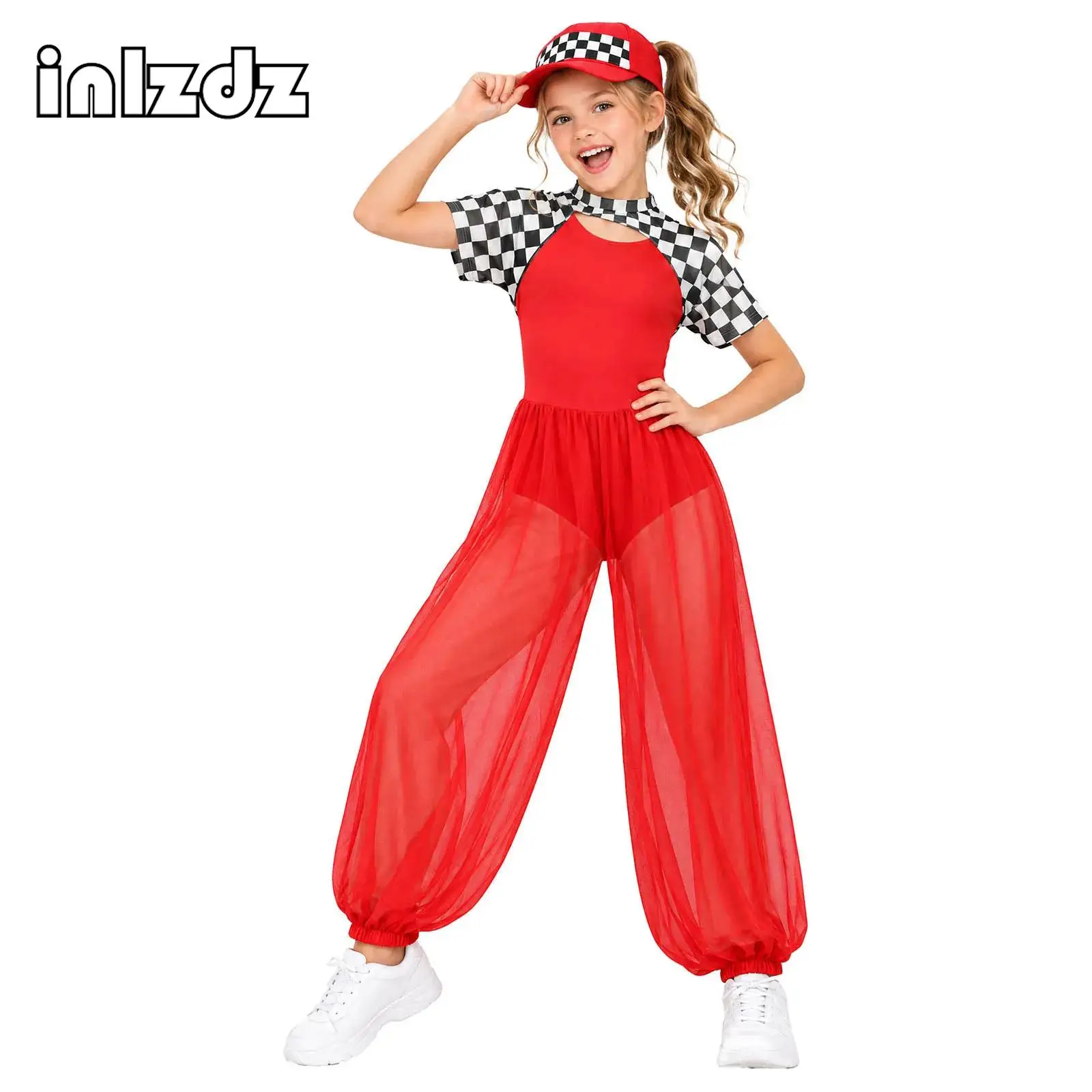 Girls Disco Jazz Dancewear Crop Top with Jumpsuit Set Racer Outfit for Street Modern Hip Hop Dance Stage Performance Competition