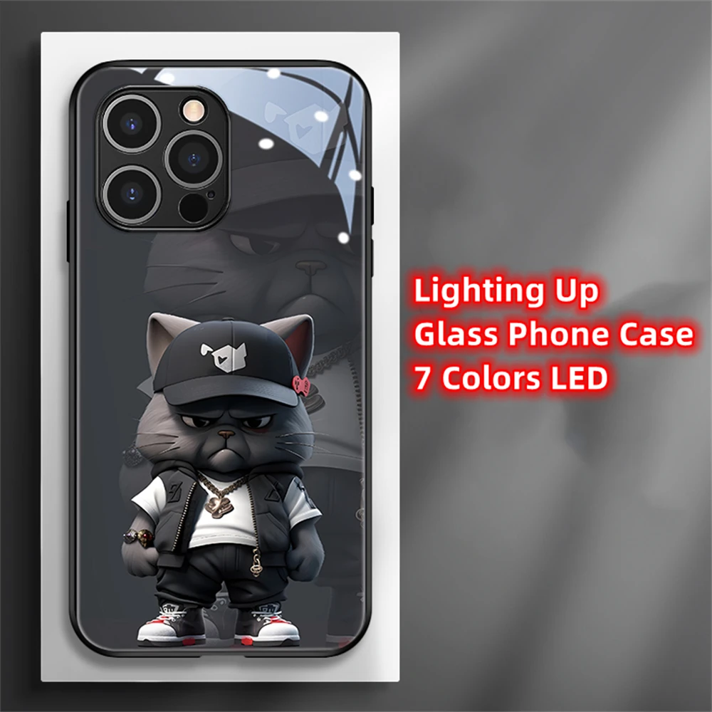 2026 Trend Cat Cartoon Design Smart LED Light Glow Tempered Glass Phone Case For iPhone Air 17 16 15 14 13 12 11 Pro Max Plus view 5