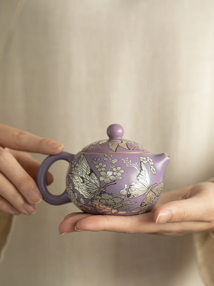 150ml Imitation Song Ru Kiln Teapot Gilded Silver Butterfly Pot Natual Opening Ceramic Pot Lady Set Ceremony
