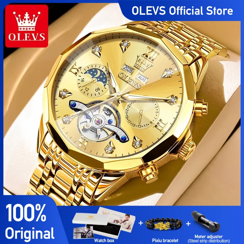 

OLEVS 6621, мужские часы, роскошные брендовые механические часы, водонепроницаемые светящиеся часы с фазой Луны и вечным календарем для мужчин, оригинальные