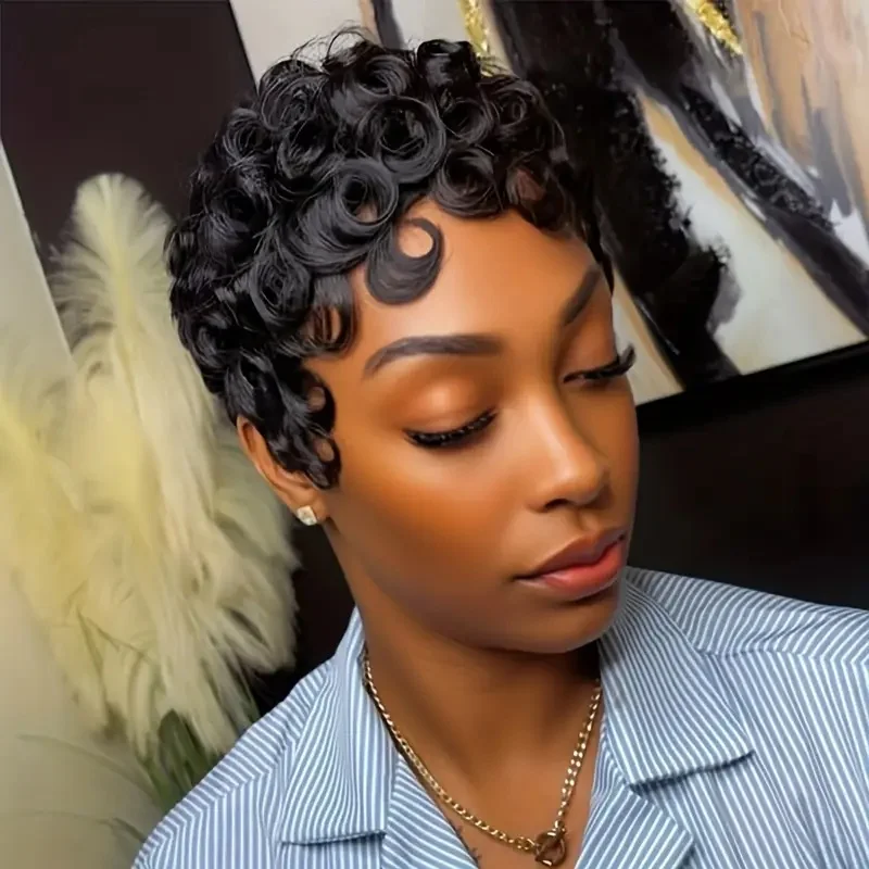 شعر مستعار بقص بيكسي شعر بشري قصير مجعد للنساء مصنوع آليًا