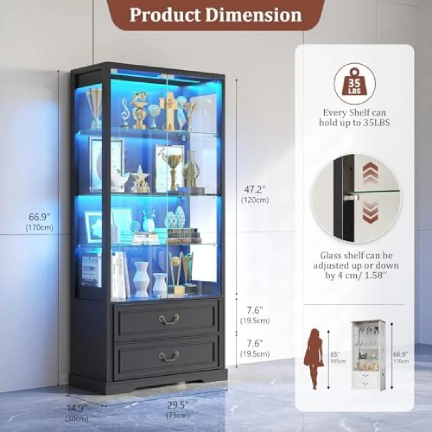 4-Tier Glass Display Cabinet with Door and 2 Drawers | Curio Cabinet with Motion Sensor, Led Light Display Cases for