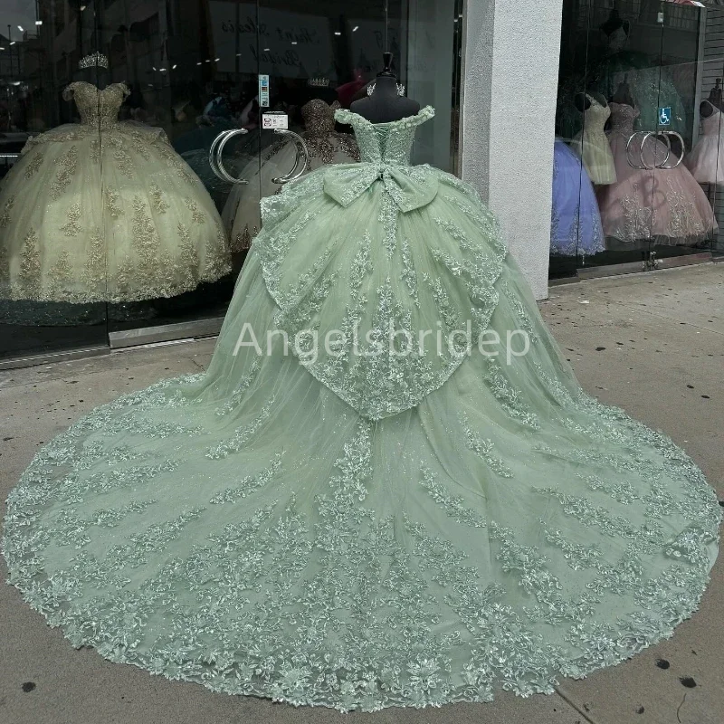 Sparkly Mint Green Bow Tiered Ball Gown Quinceanera Dresses 2025 With Appliques Mexico Brithday Party Vestidos De 15 Quinceañera