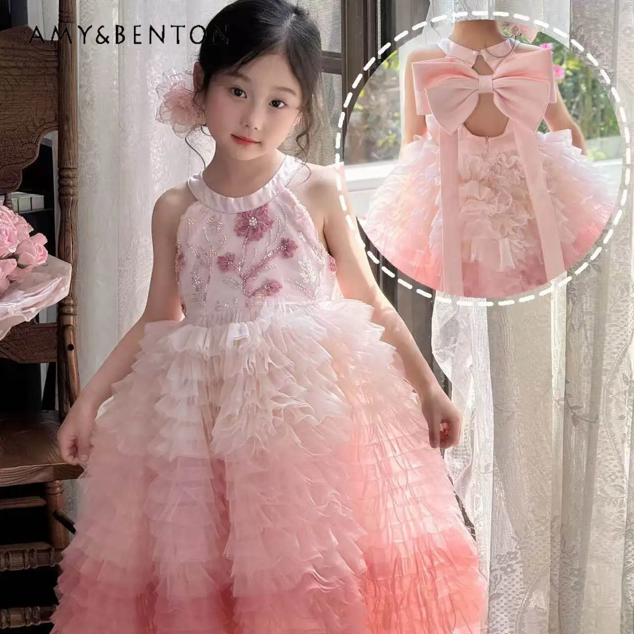 

Girls Gradient Pink High End Heavy Cake Ball Gown 2026 New Summer Kids Sequin Bow High Waist Birthday Party Princess Tutu Dress