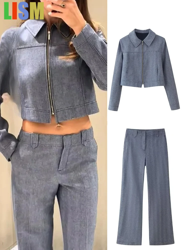 

LISM 2025 Winter Chic Long Pants Two Piece Suit Woman High Street Lapel Zipper Full Sleeve Tops Straight Loose Trousers New Set