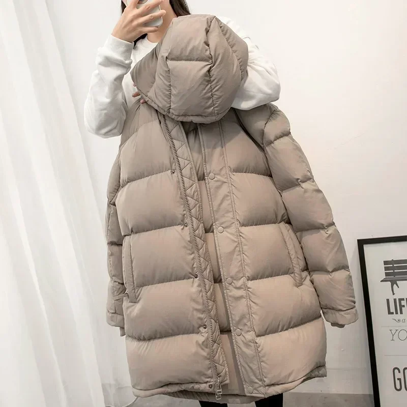 

Winter New White Goose Down Coat Women Mid Length Windproof Hood Stand Collar Warm Loose Fitting Bread Down Jacket