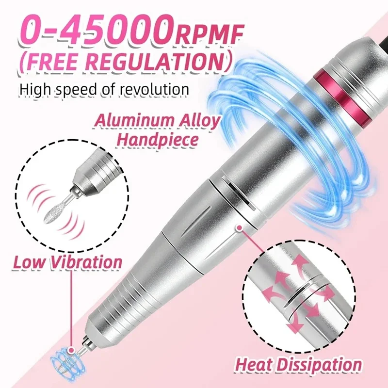 

Portable Rechargeable Nail Drill Machine with Bits Kit for Acrylic and Gel Nail Polishing and Removal, Ideal for Home Use.