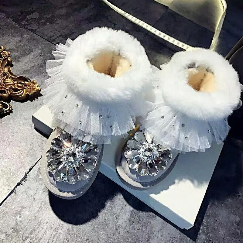 Lace lace Rex rabbit hair crystal flower fur one snow boots handmade custom white mid-tube large size women's cotton shoes 35-42