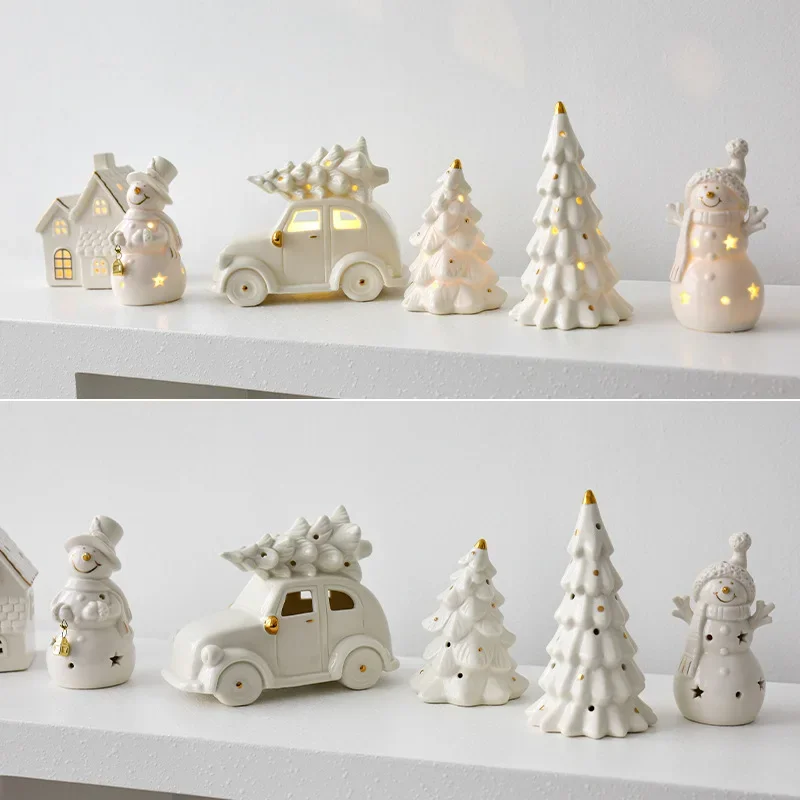 Ceramic Christmas luminous snowman luminous car small desktop home ornament Christmas gift