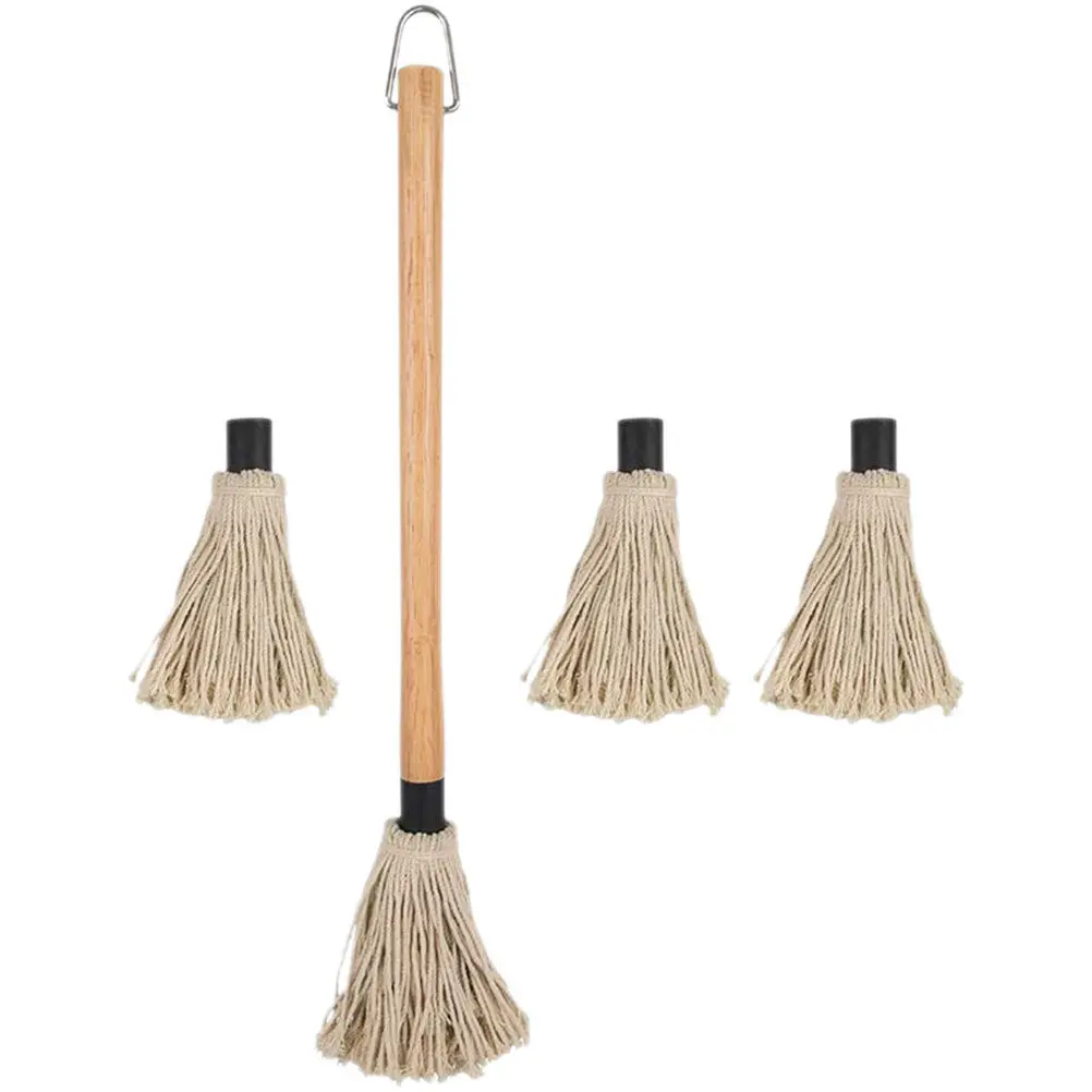 BBQ Basting Mop and Oil Brush Set Cotton Head Wooden Handle with Hanging Hook for Grilling Roasting