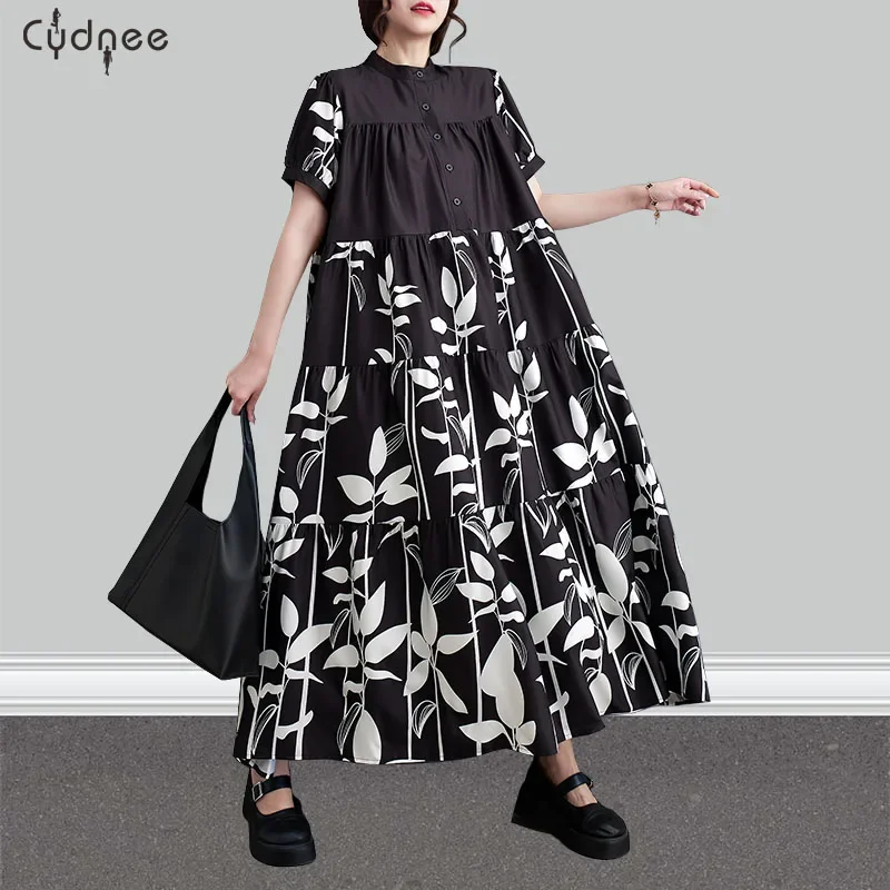 Vestido floral de manga curta feminino, vestido maxi em linha, balanço em camadas, cetim longo, estampa mono, verão