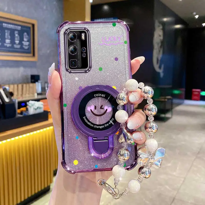 Perle Strap Glitter Lächelndes Gesicht Telefon Halter Fall Auf Für Huawei P40 P50 P60 P30 Lite Pro Anti-knock stehen Zurück Abdeckung