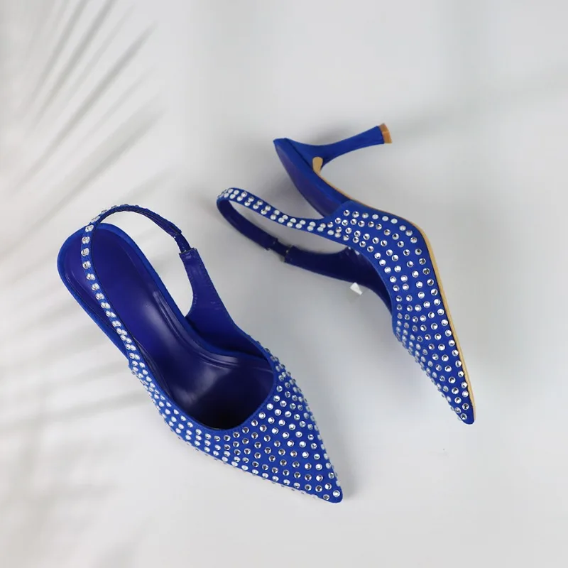 

2024 Summer Woman Sandals Blue Shiny Rhinestones High Heeled Shoes for Luxury Party Fashion Sexy Slingback Female Stilettos