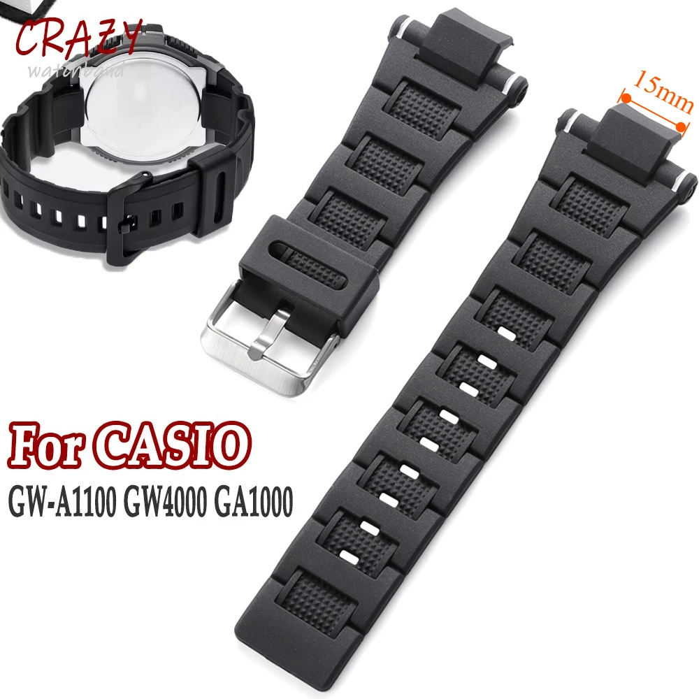 Correa de reloj de silicona de 15mm para Casio GW-A1100 GW4000 GA1000, repuesto de correa de reloj de resina suave para hombre, pulsera deportiva de buceo resistente al agua