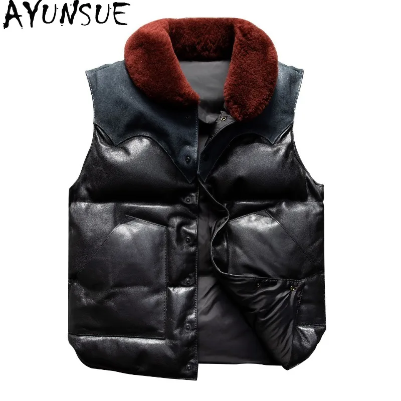 

AYUNSUE 240g Down Filling Men Goatskin Leather Vest 2026 Winter Genuine Leather Jacket Sleeveless Waistcoat Casual Outerwear