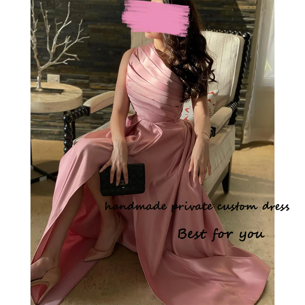 

Pink Satin One Shoulder Evening Dresses for Women Arabian Dubai Prom Party Dress with Slit Train Long Formal Occasion Gowns