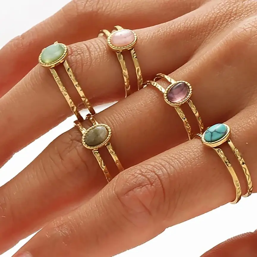 MHS.SUN Newest Bohemian Style Gold Plated Stainless Steel Open Finger Rings Natural Stone Ring For Women Adjustable Jewelry