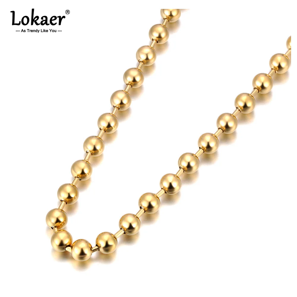 Lokaer Fashion Stainless Steel 8/10mm Round Beads Chain Necklace Bracelet Sets for Women 18K Gold Plated Party Jewelry N24082