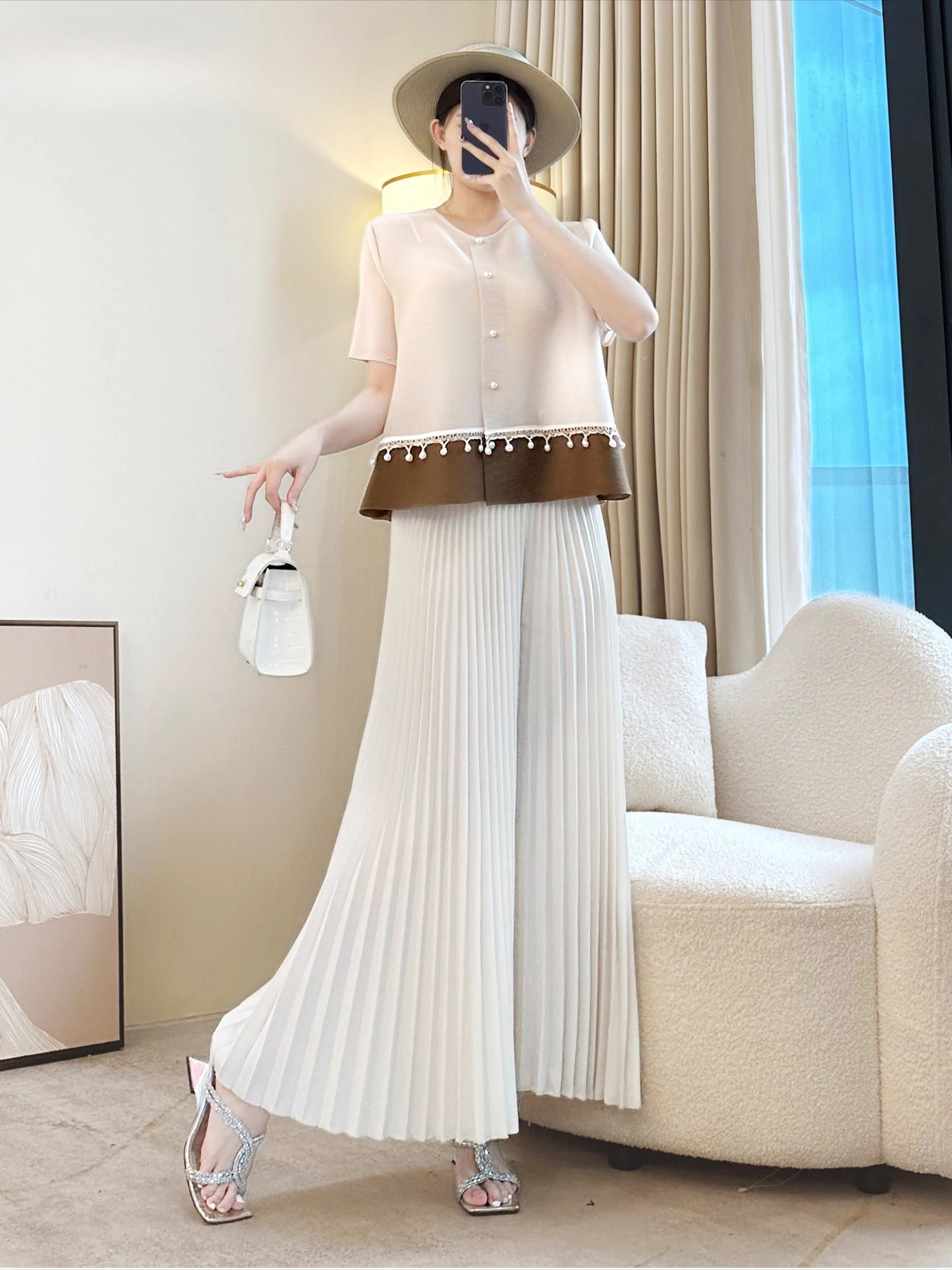 Letnia Sanzhai Prosta Jednolita Kolorowa Koralikowa Okrągła Dekoltowa Kurtka Top Nowa Luźna Temperamentna Duży Rozmiar Jednorzędowy Kardigan