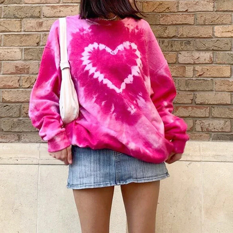 

Women 2023 E-Girl Tie Dye Crewneck Long Sleeve Tops Autumn Pullovers Heart Pattern Y2K Aesthetics Pink Oversized Sweatshirts