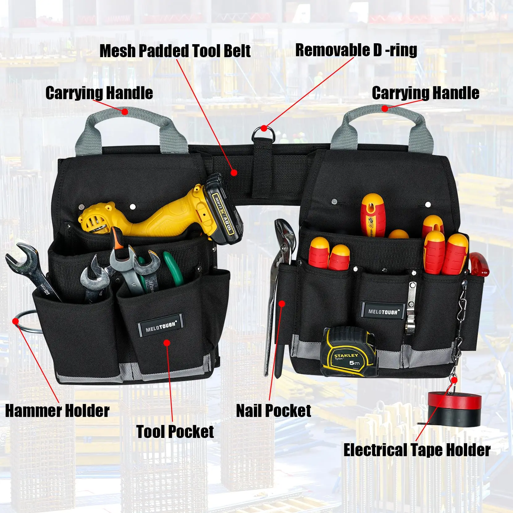 MELOTOUGH Electrician Padded Construction Rig Tool Belt Work Apron Tool Pouch Bag Combo Tool Rig with Carry Handles forCarpenter