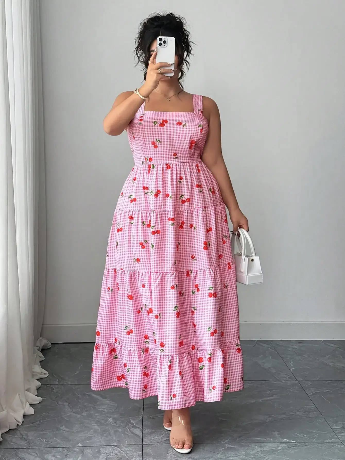 

Pink Gingham Cherry Print Maxi Dress With Tiered Skirt For Women Plus Size Spring Summer