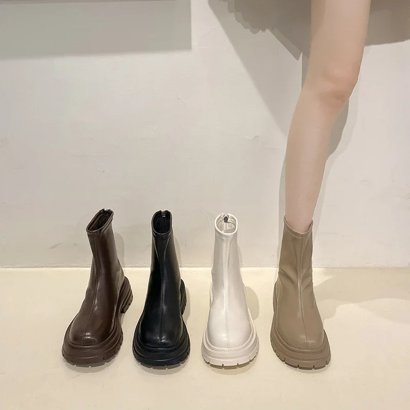 Autumn Chunky Women Chelsea Boots Fashion Back Zippers Thick Heel Short Booties Retro Style Street Style Female Shoes