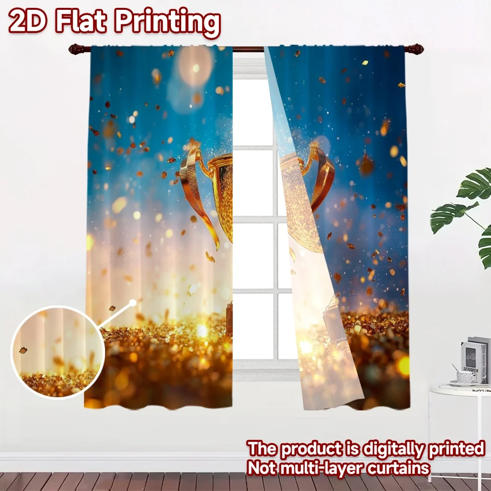 2D flat 2pcs Curtain Home Short Curtains Golden Trophy Confetti Durable polyester fiber Party & Holiday Decor Use for Festive
