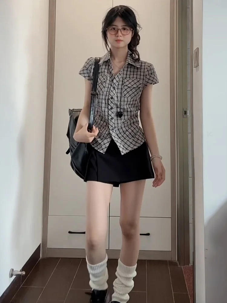 Retro Koreaanse geruite taille-kalkende slim fit ort Sve irt dames zomer anti-aging personali super mooie veelzijdige s...