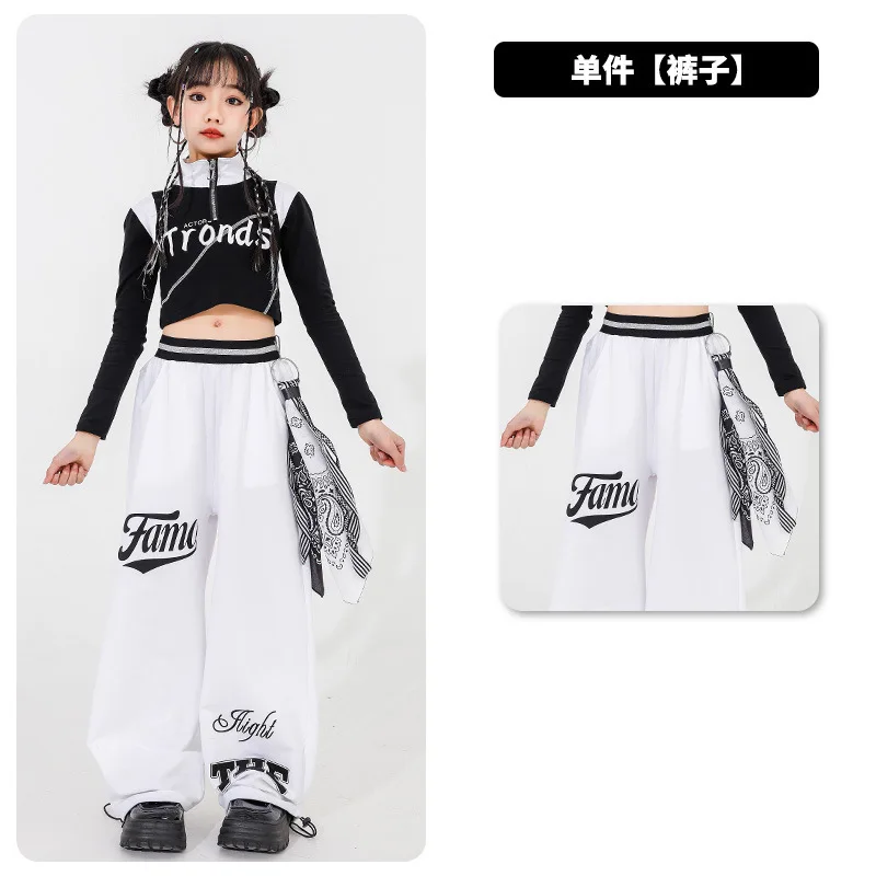 Kostum Tari Jazz Anak Perempuan Atasan Pusar Hitam Manis dan Keren Setelan Celana Putih Pakaian Panggung Pertunjukan Kelompok Anak-anak