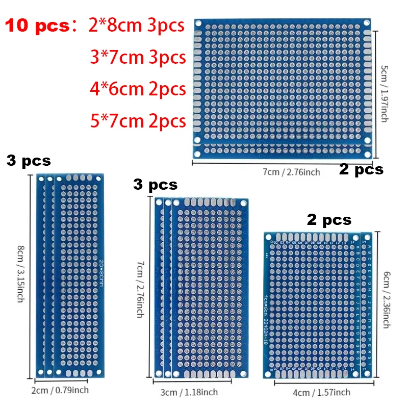 【10pcs Combo】Universal PCB Prototype Board Kit 2x8 3x7 4x6 5x7 cm Double-Sided Blue Solder Mask 1.6mm for DIY Electronics