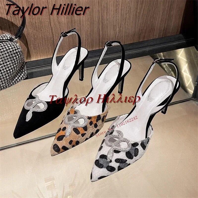 Spring 2023 Leopard Pattern Rhinestone Pumps Slim Heel Pointed Buckle Strap Sandals Fashion Simple Banquet Track Shoes 42