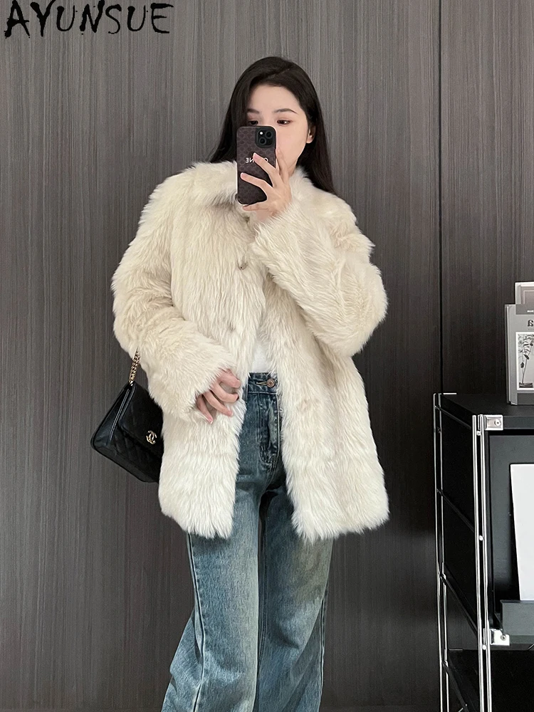 

AYUNSUE 2025 Shearling Jacket Женская роскошная шуба средней длины для женской одежды Высококачественная зимняя меховая куртка Пальто Женское
