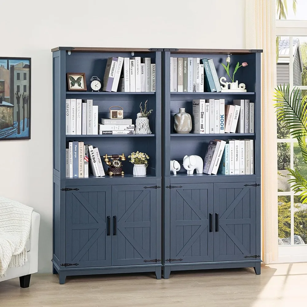 

70in Tall Bookshelf 5 Tier Bookcase with Barn Doors and Adjustable Shelves, Blue Farmhouse Book Shelf with Storage Cabinet.
