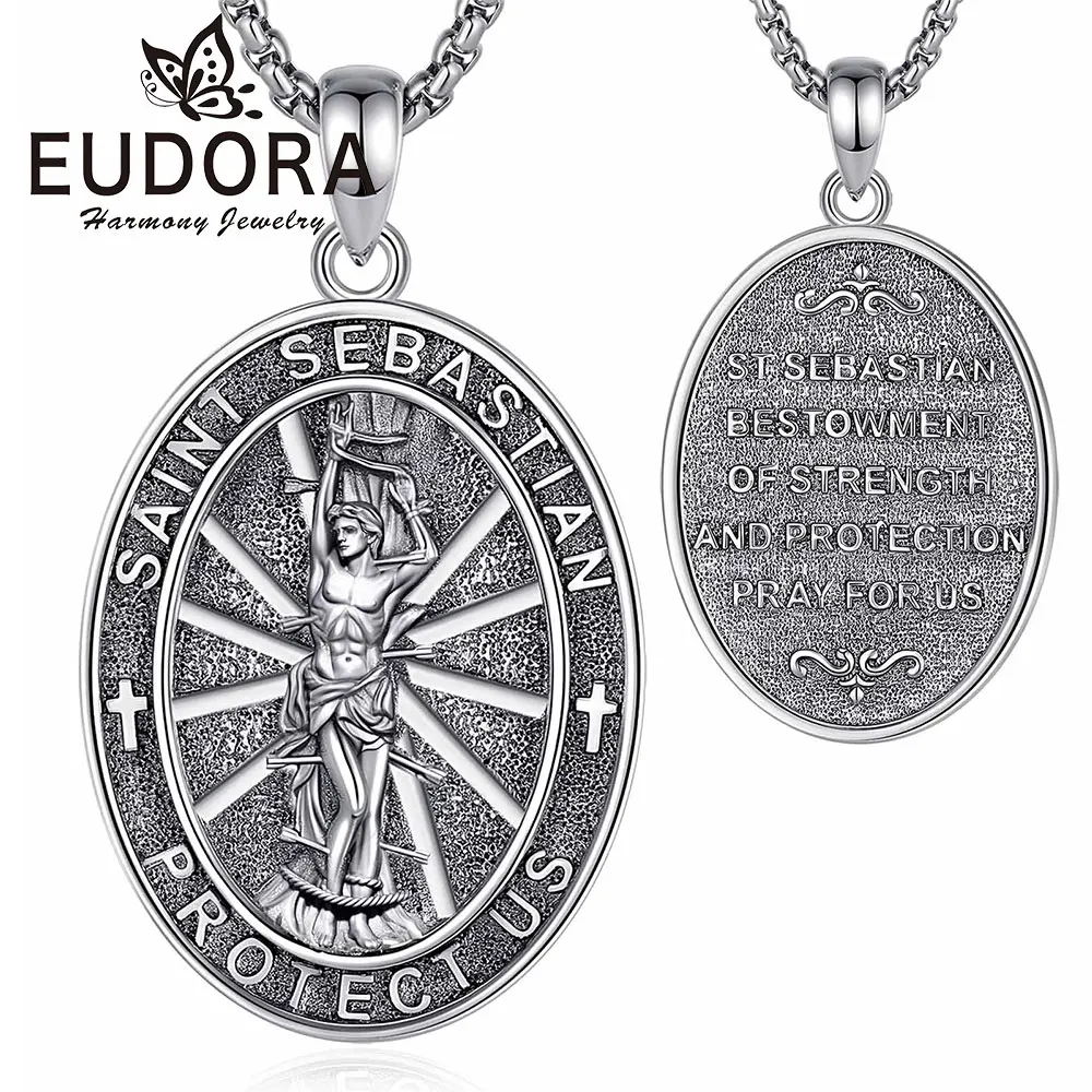 Eudora Copper Saint Sebastian Necklace for Men Woman Protect Us Cross Medal Pendant Religious Jewelry Festival Gift ﻿ ﻿ ﻿