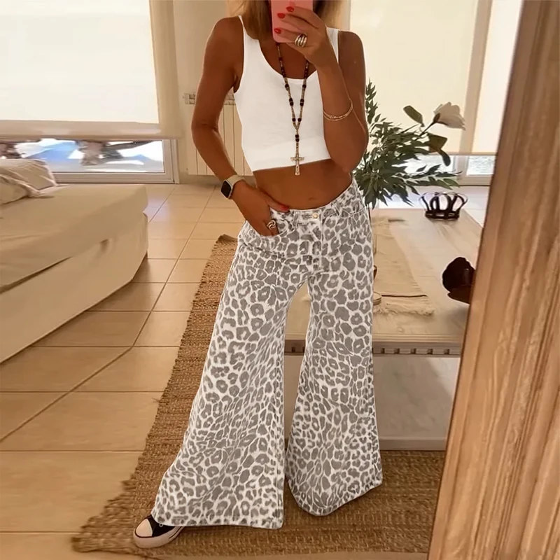 Waytobele Sets For Women 2 Pieces Summer Fashion Casual Solid Tank Round Neck Top Loose Leopard Print Wide Legs Pants Sets