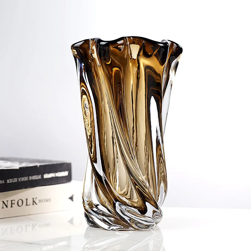 

Light luxury twist glass vase modern living room model room high-end brown flower ware desktop flower arrangement decoration orn