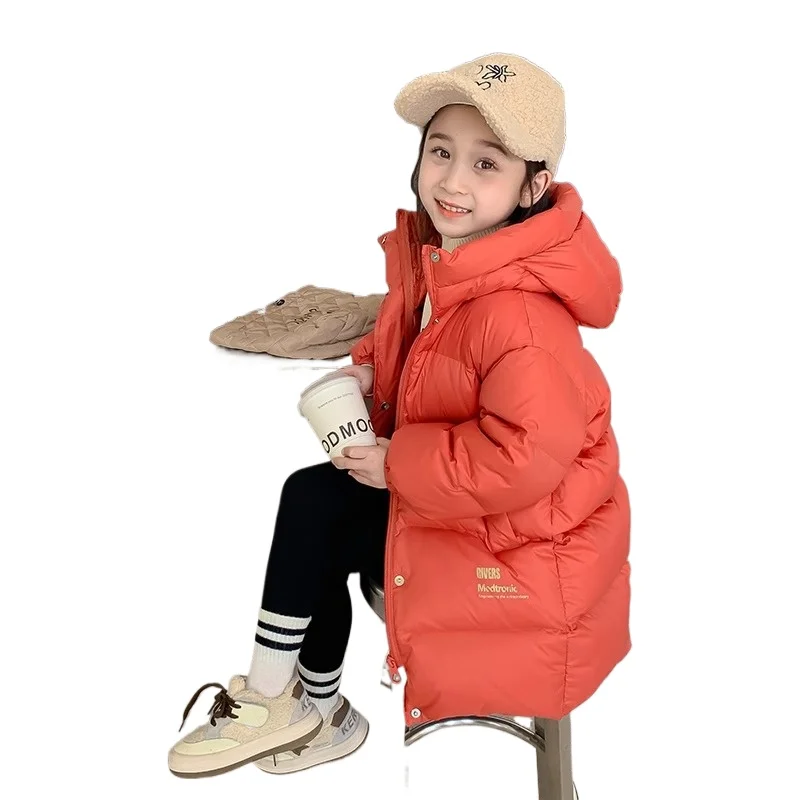 2024 Winter 110-170cm Girls Long Thick Warm Long Parkas with Pocket Kids Hooded Coat Outerwear Two Colors